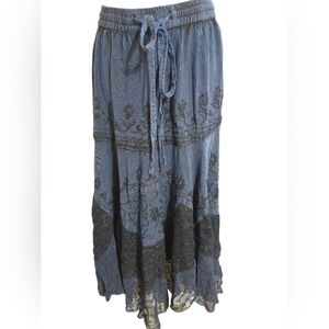 L.S.I  Blue Lace Trimmed Embellished Peasant Midi Boho Skirt NWT